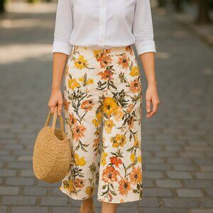LOFT Floral Wide-Leg Cropped Pants - White, Orange, Yellow, Green Sz M